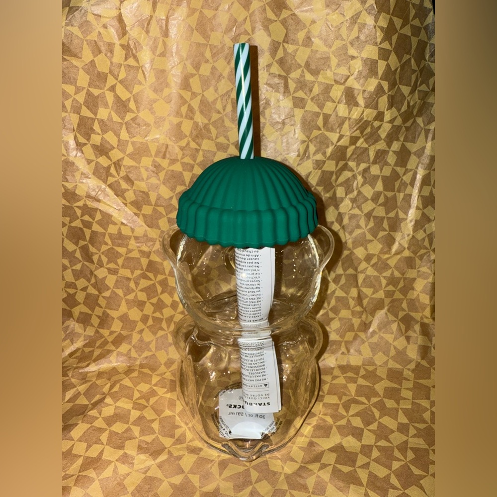 Starbucks Glass Bear Cup with Green Lid and Striped Straw, Bearista - Picture 3 of 5
